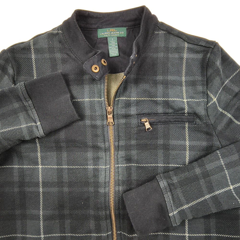 Lauren Ralph Lauren Plaid Bomber Jacket Green Black Cotton Full Zip Womens SZ S